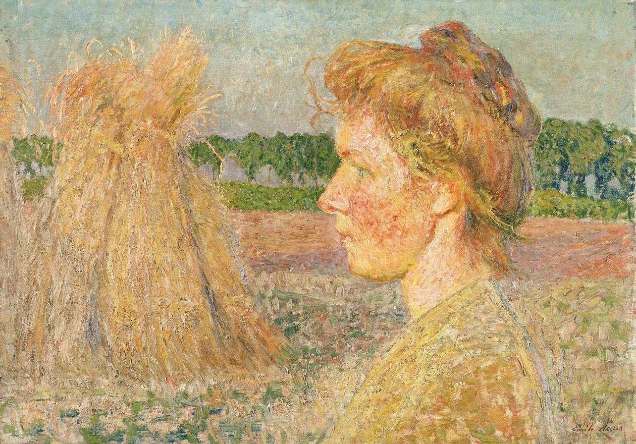 Női profil és gabonakévék alkotó: Emile Claus
