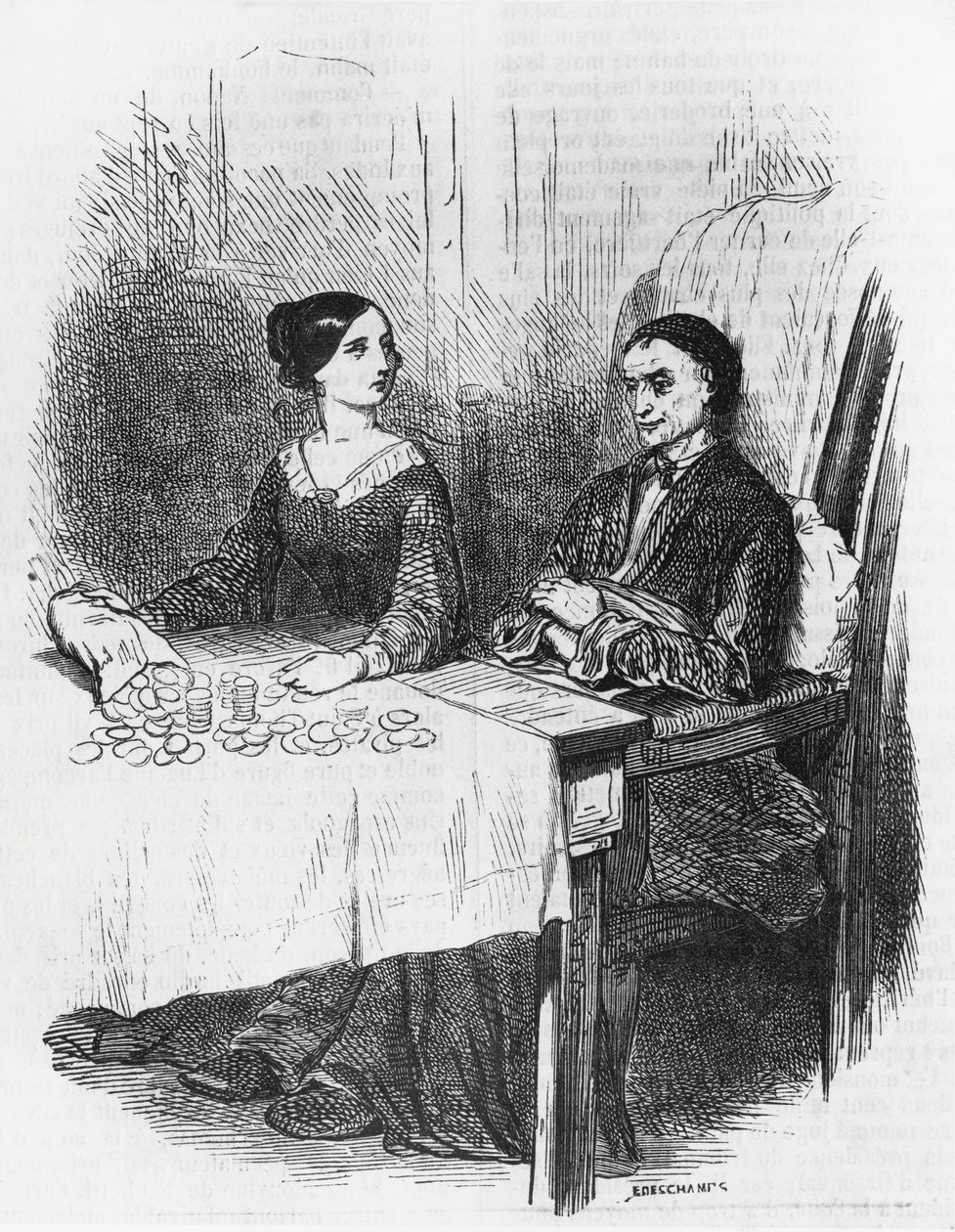 Illusztráció Eugenie Grandethez, Honore de Balzac (1799-1850) regénye az Emberi komédia című többkötetes gyűjteményből, Emile Deschamps (1822-1893) metszet alkotó: Emile Deschamps