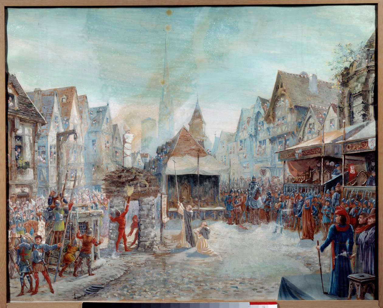 Százéves háború: „” Jeanne of Arc-ot (1412-1431) a hentes vezeti”” (Place du Vieux-Marche in Rouen). Emile Deshays (1875-1946) festménye 1901. V. 0,73x0,6 m Rouen, Musee des Beaux Arts Figyelem! Ennek a műnek a felhasználását harmadik fél aut alkotó: Emile Deshays