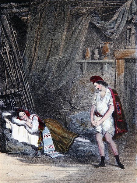 Jelenet a néma lányról, Fenelláról, amint egy kunyhóban alszik testvérével, Masaniellóval: IV. felvonás Auber „La Muette de Portici” című operájából, 1835 körül (színes litó) alkotó: Emile Deshays
