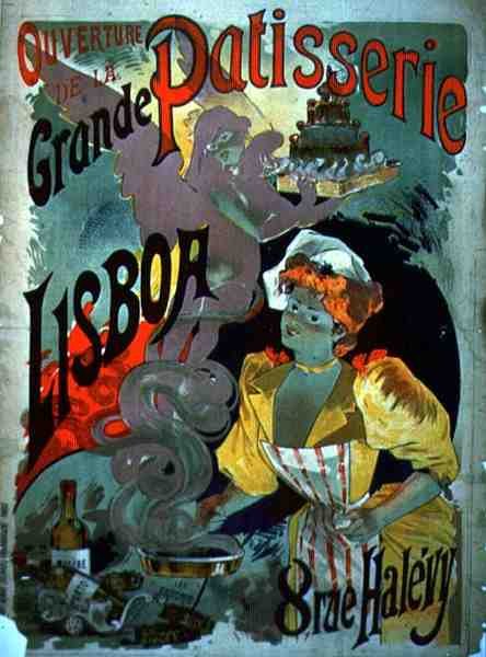 Plakát, amely a „Grande Patisserie Lisboa megnyitását” hirdeti Párizsban, c. 1895 (színes litó) alkotó: Emile Georges Giran