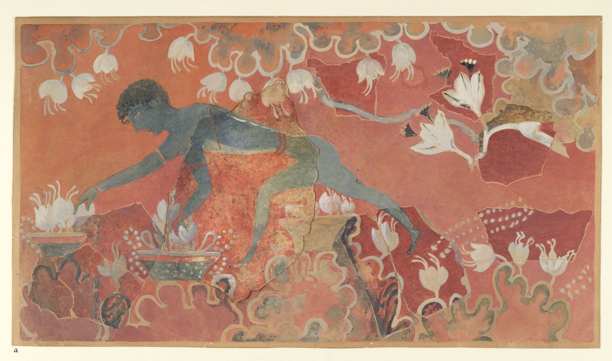 A Kék majom Sáfránygyűjtő freskó festménye a knossosi Minos palotából (Evans-freskó L/3 a) rajz), 1921 körül (papír, pigment) alkotó: Emile Gilliéron