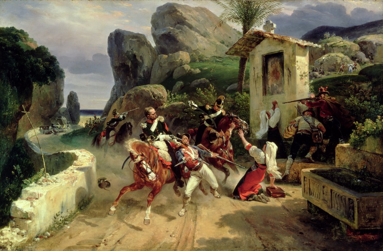 Pápai csapatok által meglepett olasz brigantik, 1831 alkotó: Emile Jean Horace Vernet