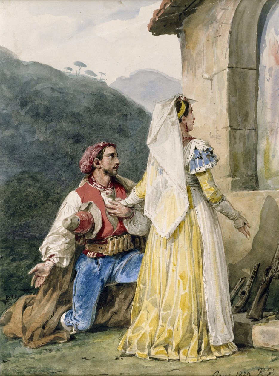 Olasz parasztok egy szentély előtt, 1829 (wc, papírra, rágógumival erősítve) alkotó: Emile Jean Horace Vernet