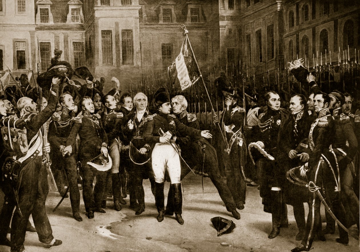 Napóleon búcsúja tábornokaitól Fontainbleau-ban, 1814, illusztráció a „Hutchinson története a brit nemzetről”, 1923 körül alkotó: Emile Jean Horace Vernet