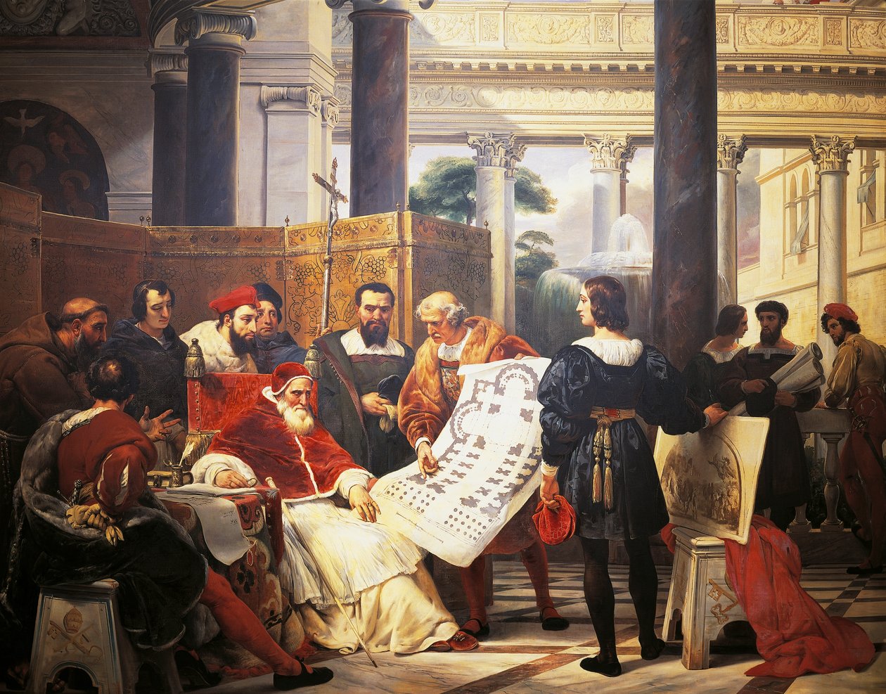 II. Julius pápa elrendeli Bramante Michelangelót és Raphaelt, hogy építsék fel a Vatikánt és a Szent Péter-templomot alkotó: Emile Jean Horace Vernet