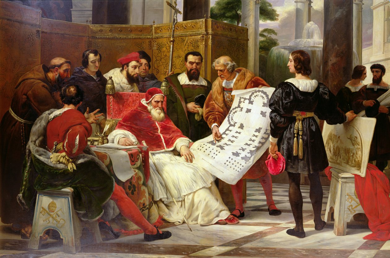 II. Julius pápa elrendelte Bramanténak, Michelangelónak és Raphaelnek, hogy építsék fel a Vatikánt és a Szent Péter-templomot, 1827 (részlet 157491-ből) alkotó: Emile Jean Horace Vernet