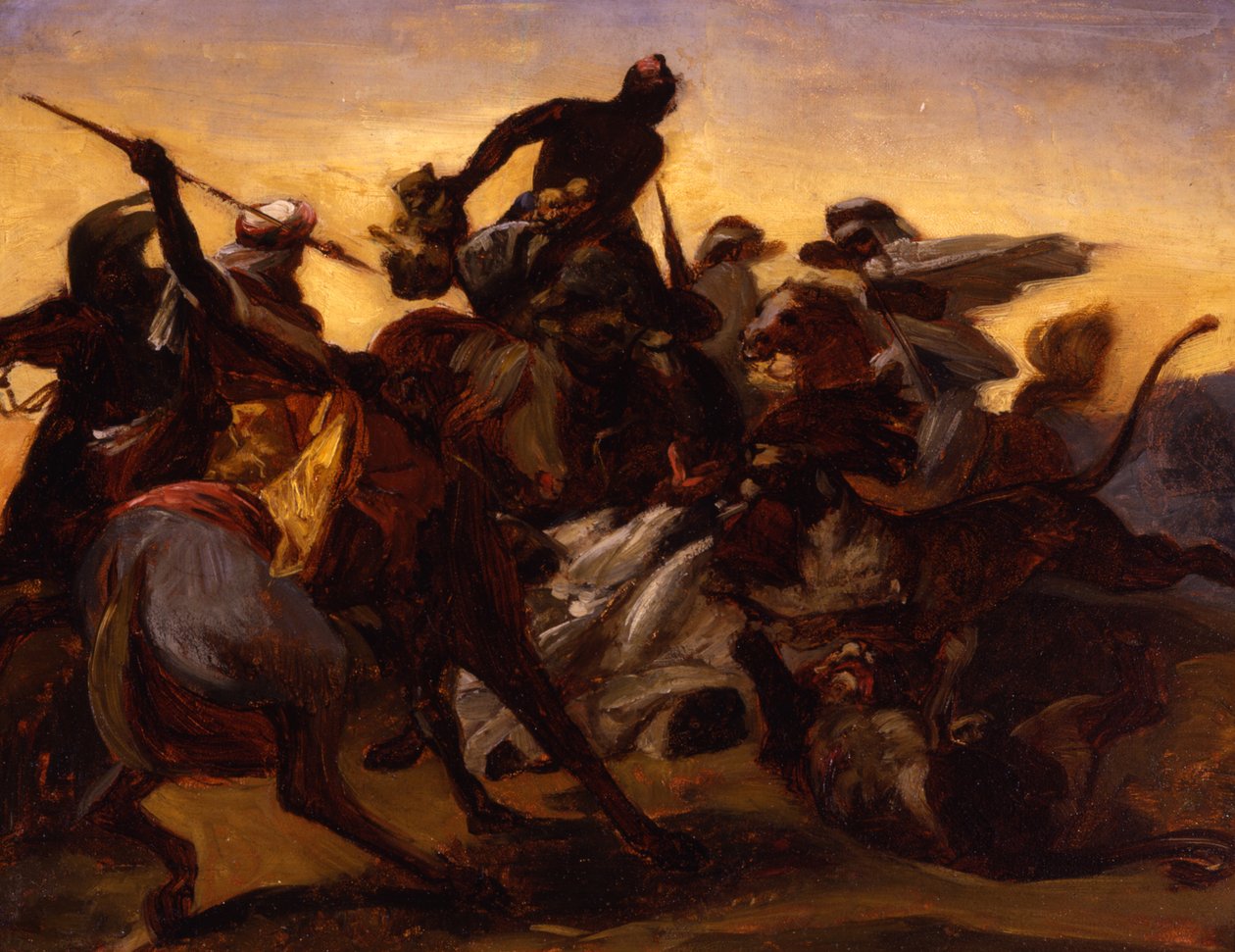 Vázlat az Oroszlánvadászathoz, 1836 körül (olaj, papír, vászonra fektetve) alkotó: Emile Jean Horace Vernet