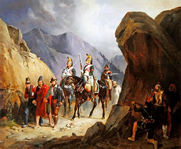 A Ambush, a bajtársaikat kiszabadítani szándékozó rablók (olaj a papíron) alkotó: Emile Jean Horace Vernet
