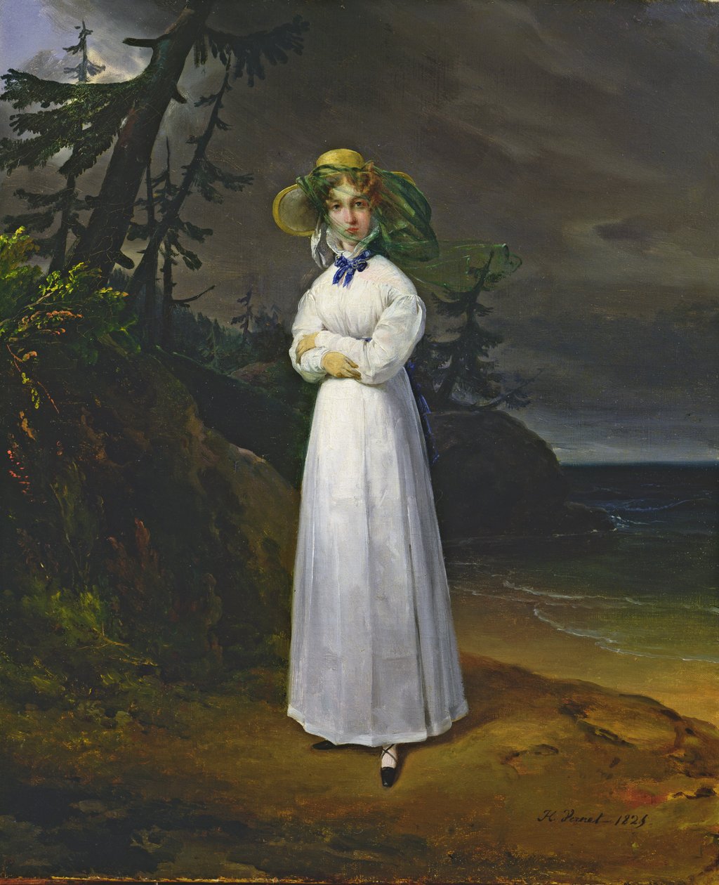 Fiatal lány egy romantikus tájon, 1825 alkotó: Emile Jean Horace Vernet
