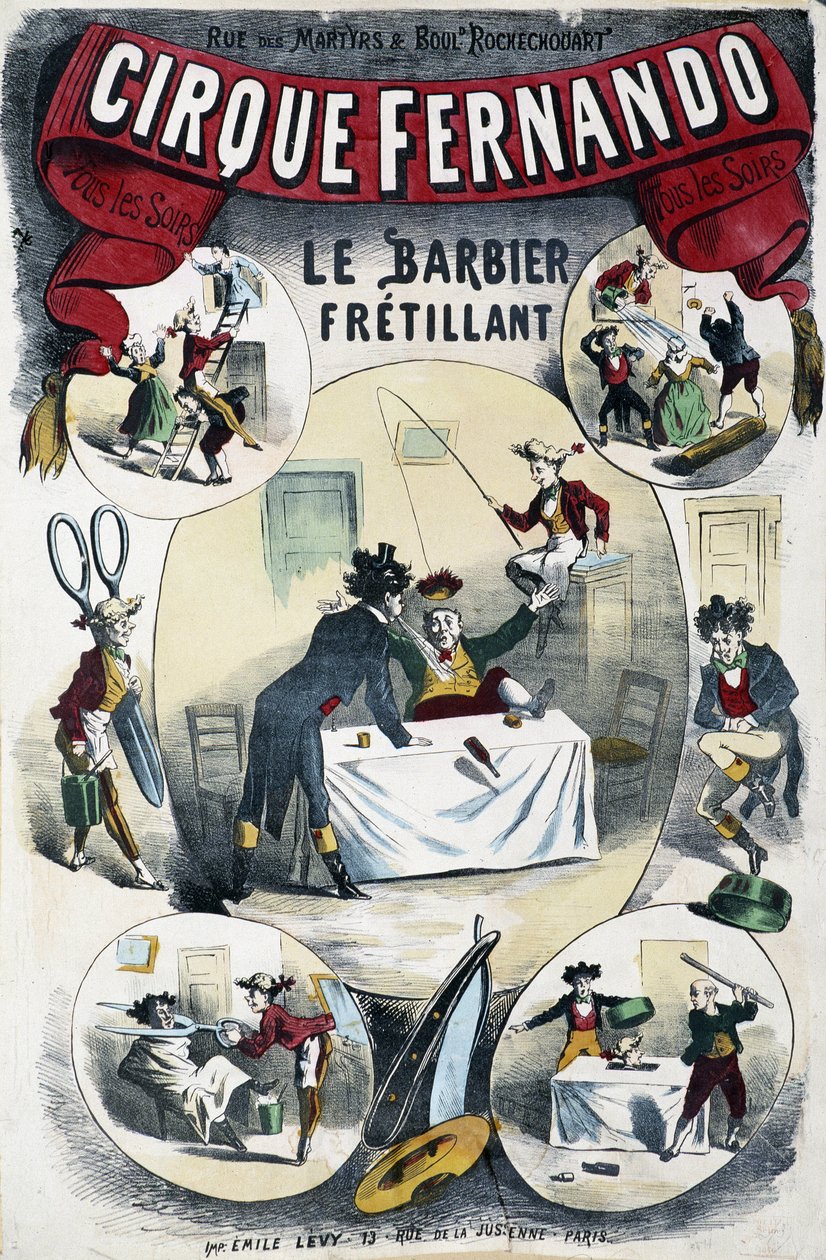 Cirque Fernando: Az író borbély – Lévy plakátja, 19. század vége alkotó: Emile Levy