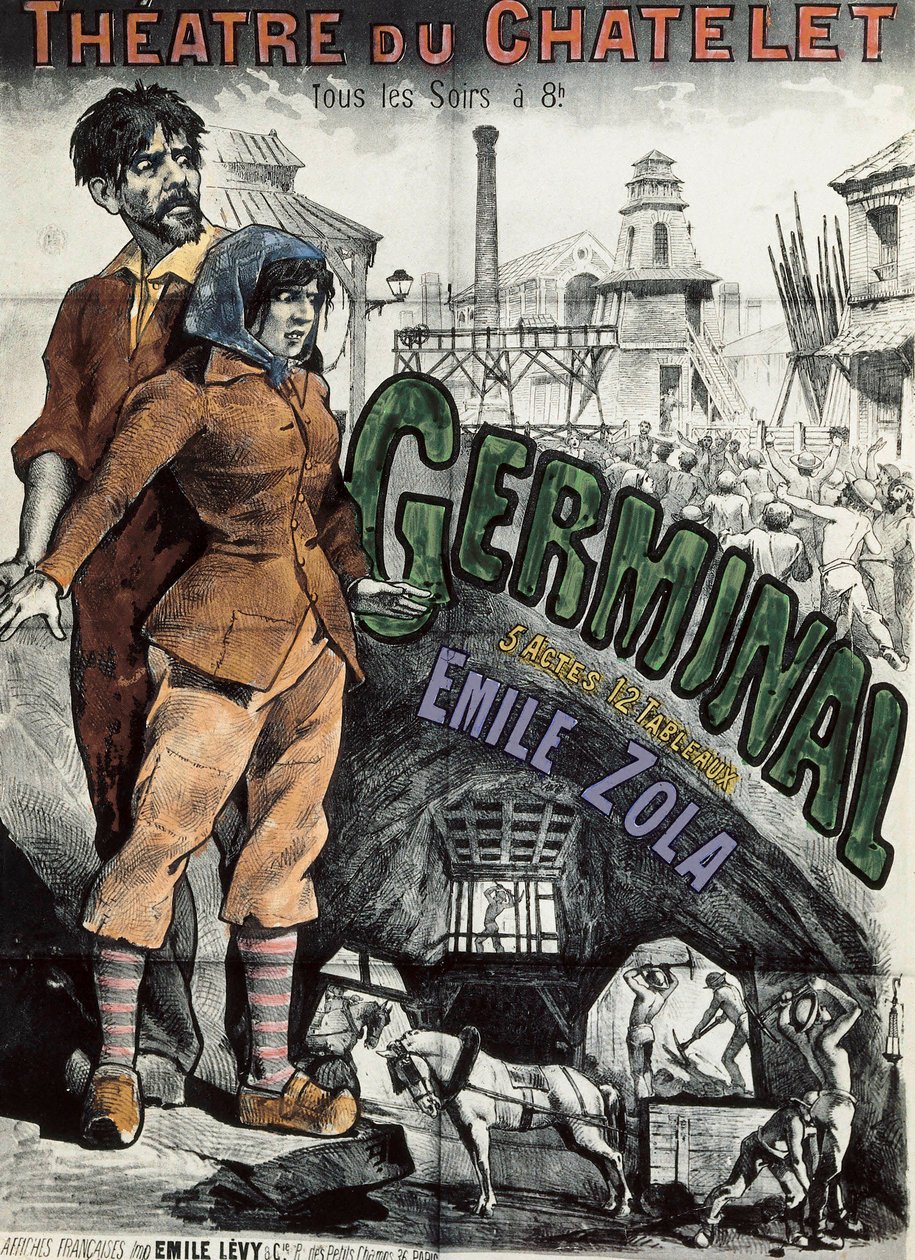 Poszter Emile Zola „Germinal” című regényének színházi ábrázolásához a párizsi Theatre du Chateletben. Emile Levy (1826-1890) litográfiája. alkotó: Emile Levy