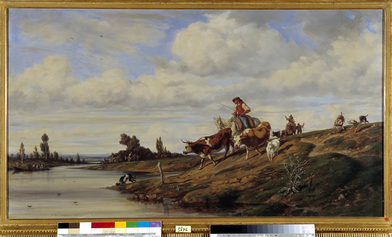 A Gue egy tehén áthaladása egy folyón a csordájával. Emile Loubon festménye (1809-1863) Kötelező említés: Collection fondation regards de Provence, Marseille alkotó: Emile Loubon