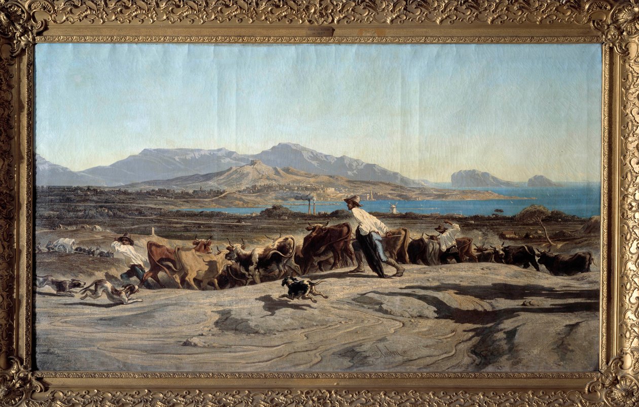 Marseille látképe az Aygaladesről, egy napos séta Fiatal pásztorok előterében a csordával. Emile Loubon (1809-1863) festménye 1853 Dim. 1,40 x 2,60 m Marseille. Szépművészeti Múzeum alkotó: Emile Loubon