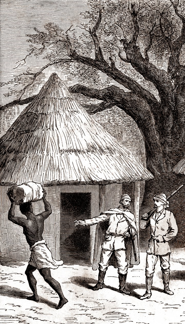 Felfedezők és hordárok egy afrikai kunyhó előtt,1887 (