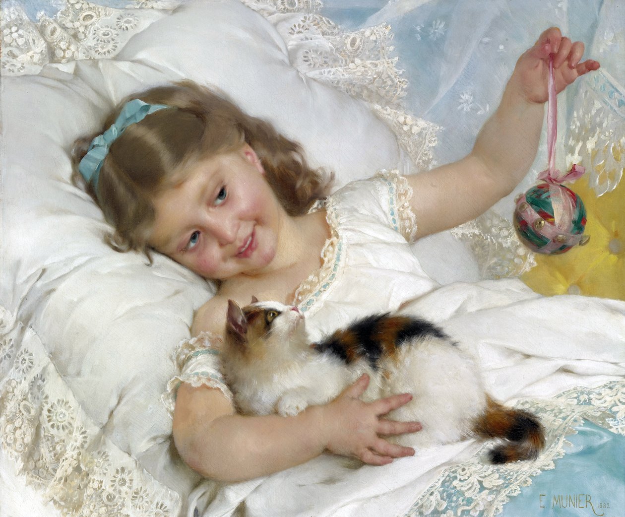 Gyermek és macska par Munier, Emile (1840-1895). Olaj, vászon, méret: 54,6x65,4, , Magángyűjtemény alkotó: Emile Munier