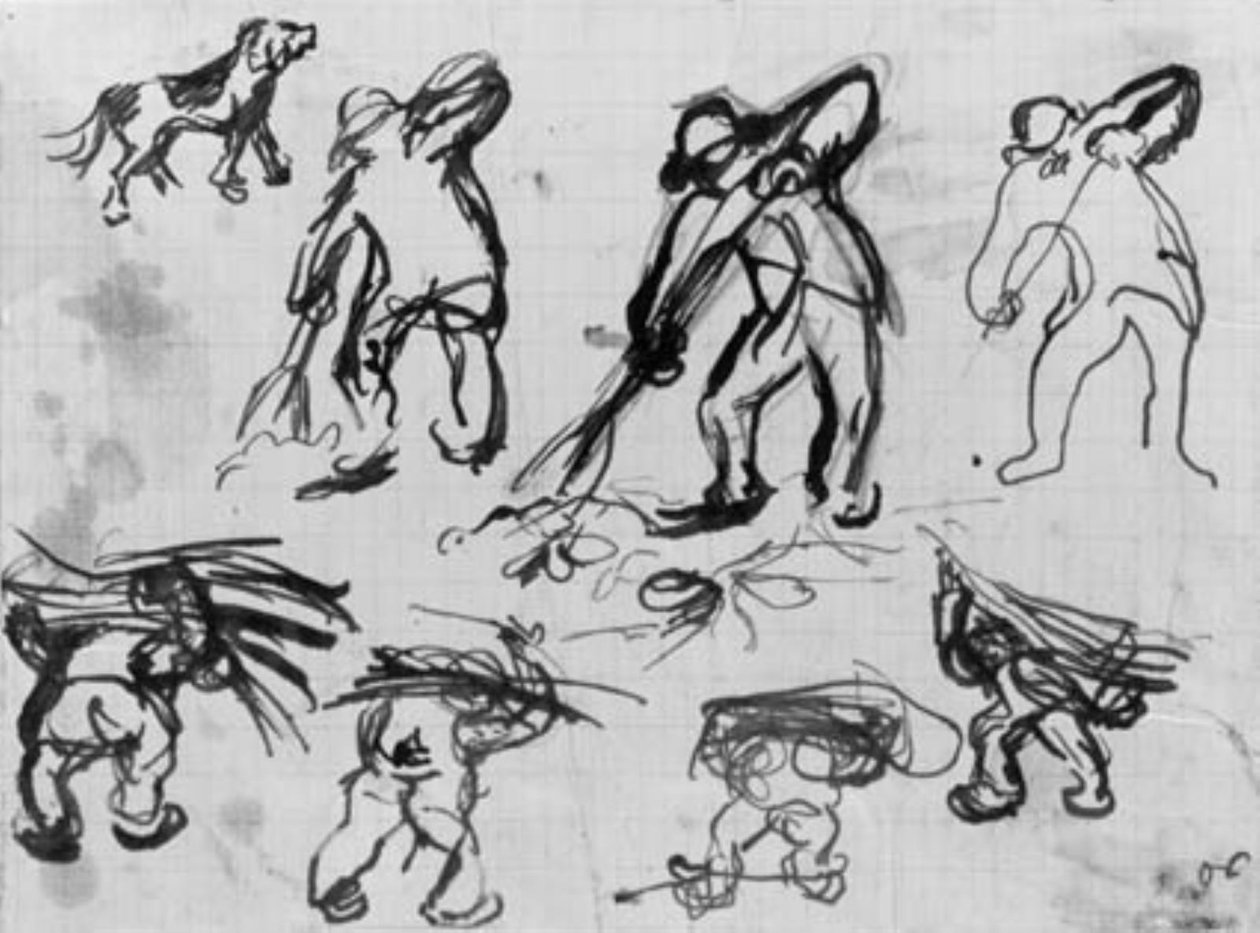 Hét vázlat tűzifát ásó és hordó férfiakról, valamint egy kutya vázlata. alkotó: Emile Othon Friesz