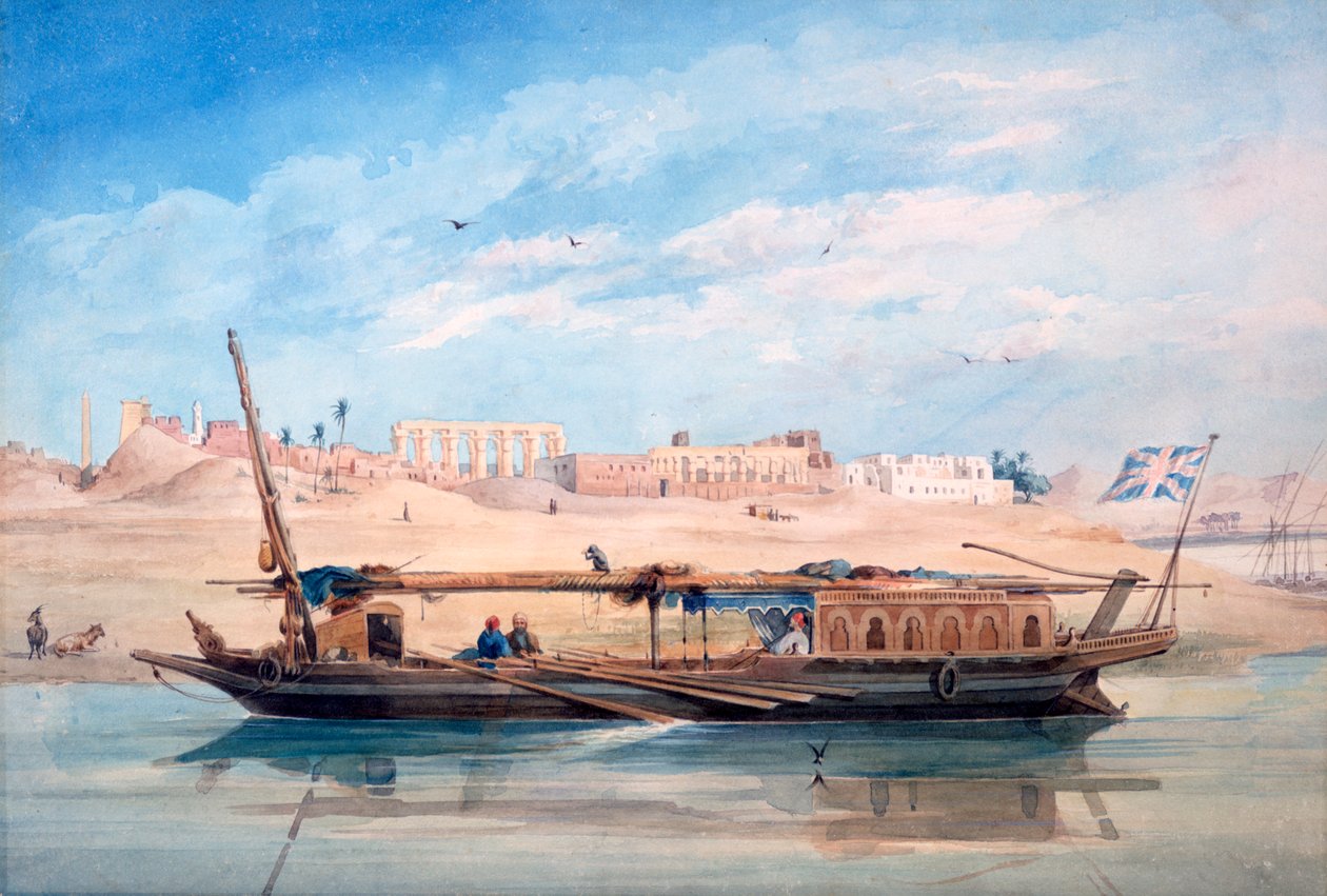 „Egy csónak a Níluson, Luxor, Egyiptom”, 19. század alkotó: Emile Prisse d