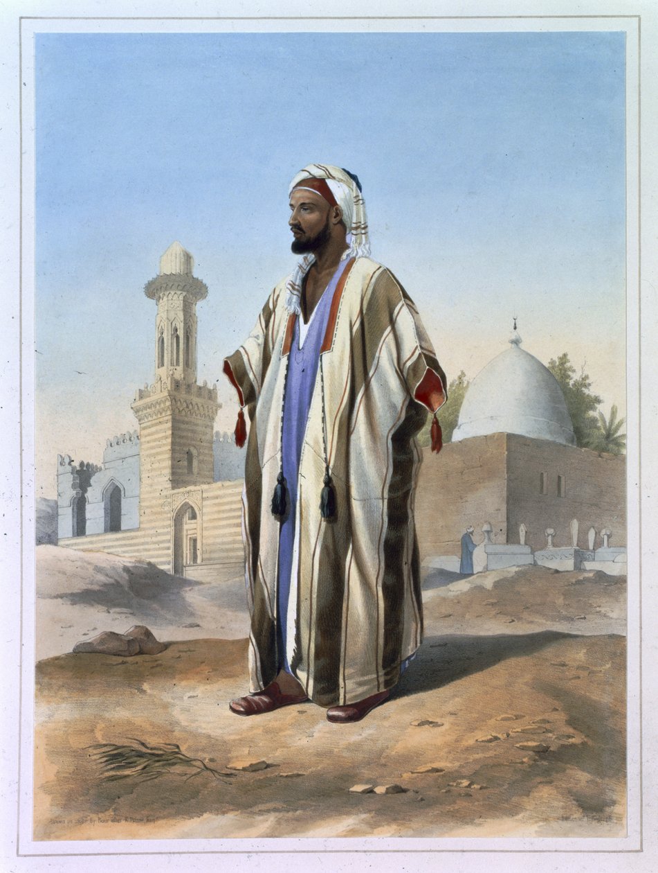 Fellah hábába öltözve, illusztráció a "The Valley of the Nile" című képből, metszet Charles Bour (1814-81), kiadó: Lemercier, 1848. alkotó: Emile Prisse d