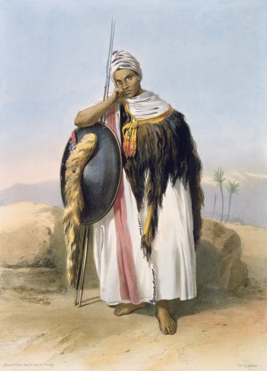 Harcos az etiópiai Amharából, illusztráció a Nílus völgyéből, Adolphe Rouergue (1810-1870) kocsma metszetében. Lemercier, 1848 alkotó: Emile Prisse d