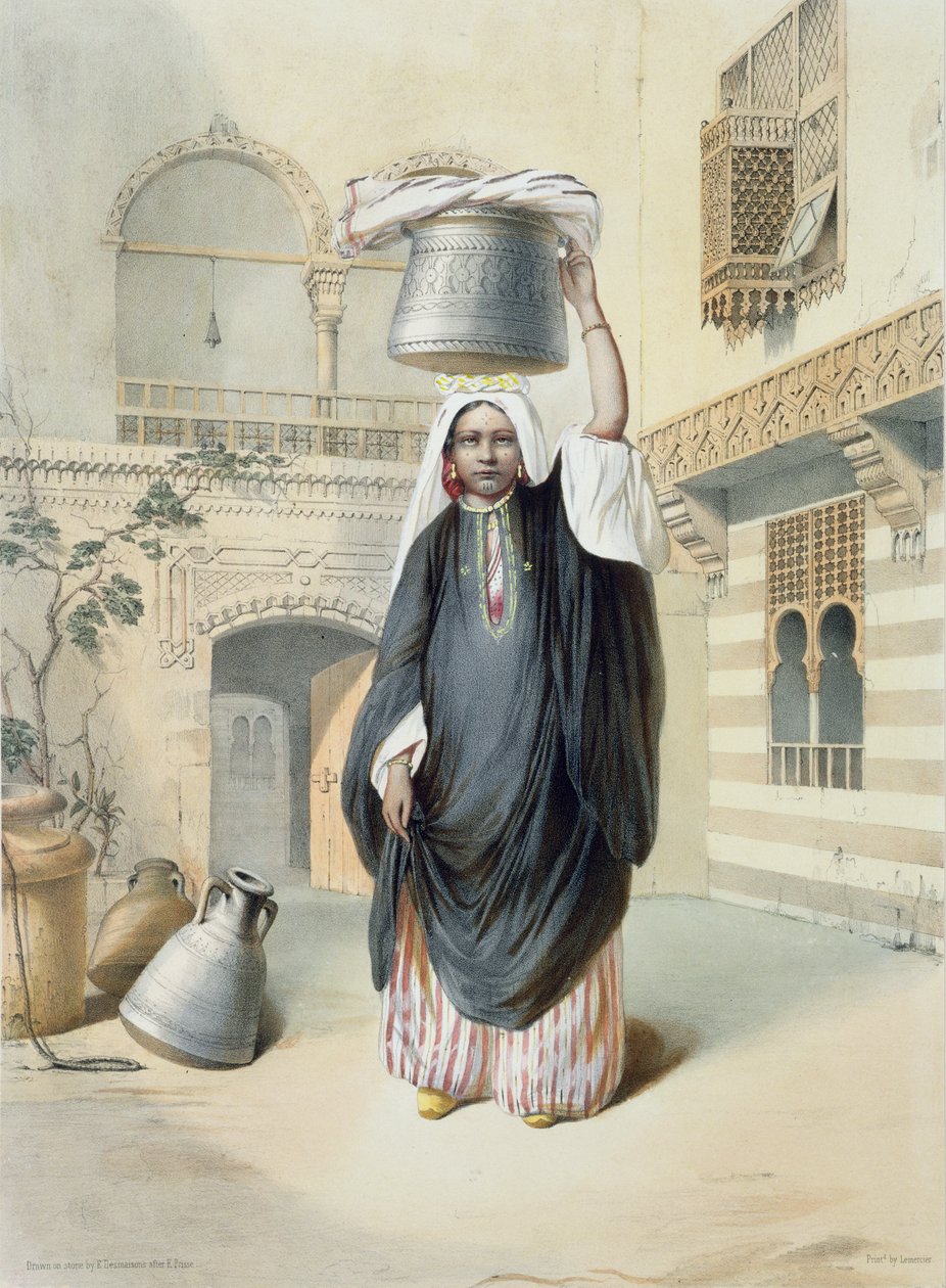 A kairói Hammamból hazatérő fiatal arab lány, illusztráció a "The Valley of the Nile" című képből, Emile Desmaisons (1812-80) metszete, Lemercier kiadó, 1848. alkotó: Emile Prisse d