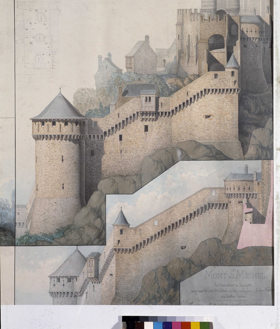 Kilátás a machicoulisra az Északi-torony és a Mont Saint Michel-i Claudine-torony között. Emile Sagot rajza. Avranches Városi Múzeum (Manche) alkotó: Emile Sagot