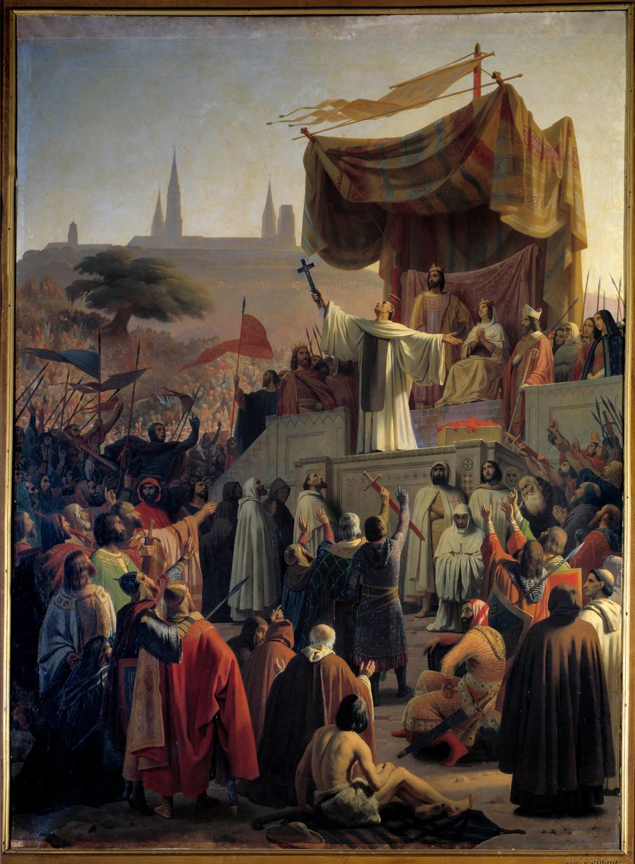 Clairvaux-i Szent Bernát (San Bernardo di Chiaravalle) a második keresztes hadjáratot hirdeti VII. Lajos király és Alienor Aquitániai királyné és Suger abbé jelenlétében a burgundiai Vezelayben 1146. március 31-én. (Szent Bernát a második keresztes hadjára alkotó: Emile Signol