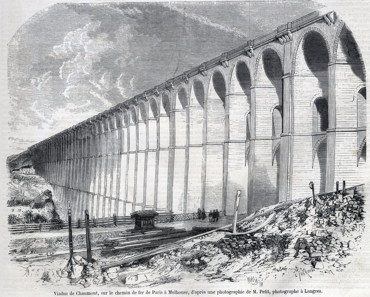 Chaumont-viadukt a Párizsból Mulhouse-ba vezető vasúton. Metszet Ralph vázlata után a „” The Illustrous World” című filmben, 1857.09.05. Magángyűjtemény. alkotó: Emile Theodore Therond