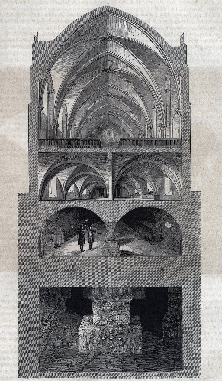 A párizsi Napóleon gimnázium keresztmetszete (ma: Lycee Henri IV). Fentről lefelé: a refektórium, a konyha, a pincék, a katakombák. Therond metszete. A „Le Magasin Picturesque” című filmben alkotó: Emile Theodore Therond