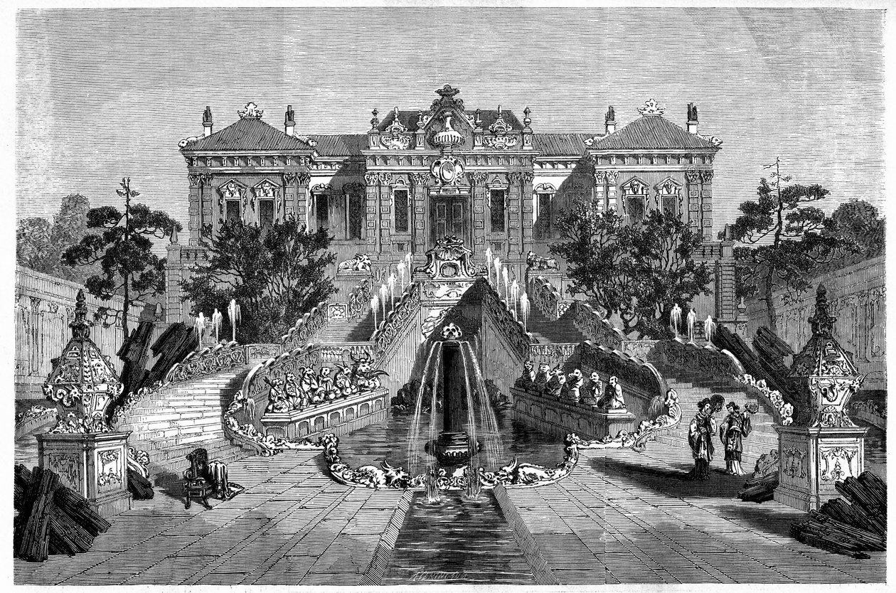A Haiyan Tang pavilon nyugati építészettel rendelkezik a pekini Ete palotában (Peking). Metszet Therond rajza nyomán, a „Le Tour du Monde, Nouveau Journal des Voyages” című kiadványban, szerkesztette Edouard Charton, Párizs alkotó: Emile Theodore Therond