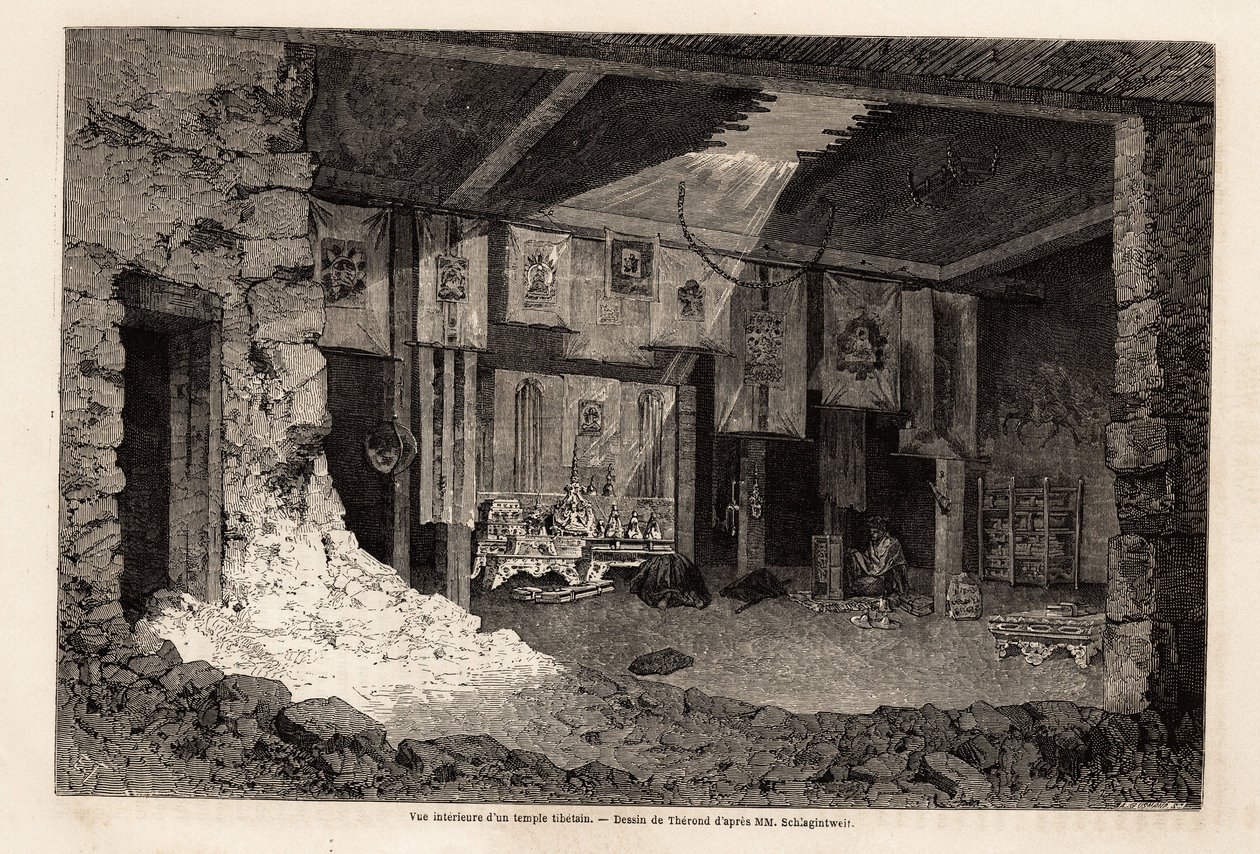 Egy tibeti templom belső képe, Therond rajza, Vivien de Saint Martin 1862-es földrajzi évének összefoglalójának illusztrálására. Gravírozás a „Le tour du monde”-ban, szerkesztette Edouard Charton alkotó: Emile Theodore Therond
