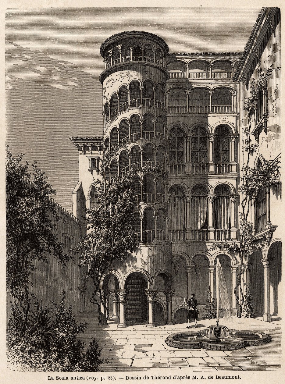 La Scala Antica, Therond rajza, Adalbert de Beaumont 1850 körüli velencei utazásának illusztrálására. Metszet a „” Le tour du monde”-ban, szerkesztette Edouard Charton alkotó: Emile Theodore Therond