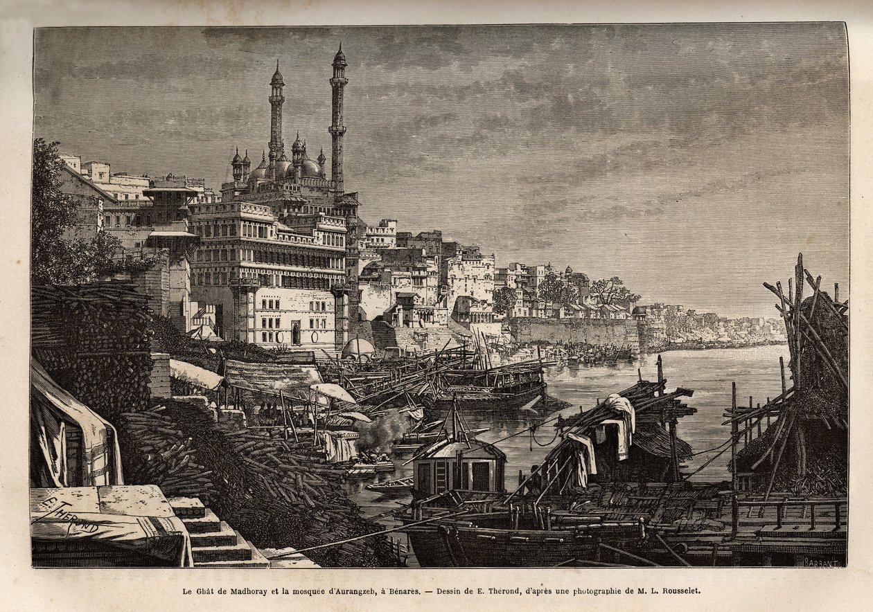 Madhoray ghat (a folyó partjait borító lépcsők, amelyek lehetővé teszik, hogy vízzel érintkezve leereszkedjen) és a benaresi Aurangzeb mecset, amelyet E. Therond rajza után véstek, és a rádzsák indiai utazását illusztrálják 1864-1868-ban , szerző: Louis Ro alkotó: Emile Theodore Therond