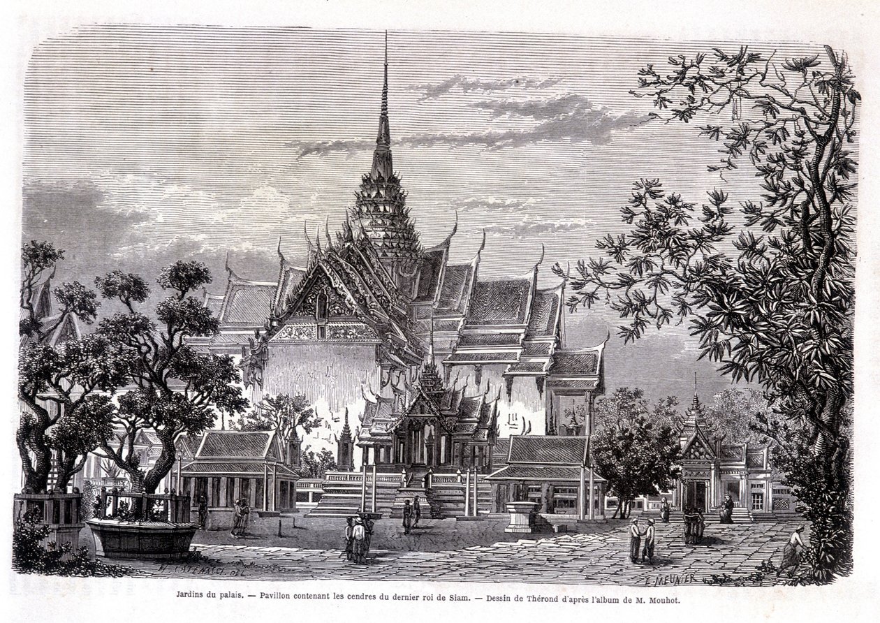 Palota kertje. Sziám utolsó királyának hamvait tartalmazó pavilon. Thérond rajza M. Mouhot albumáról. “Tour du monde” alkotó: Emile Theodore Therond