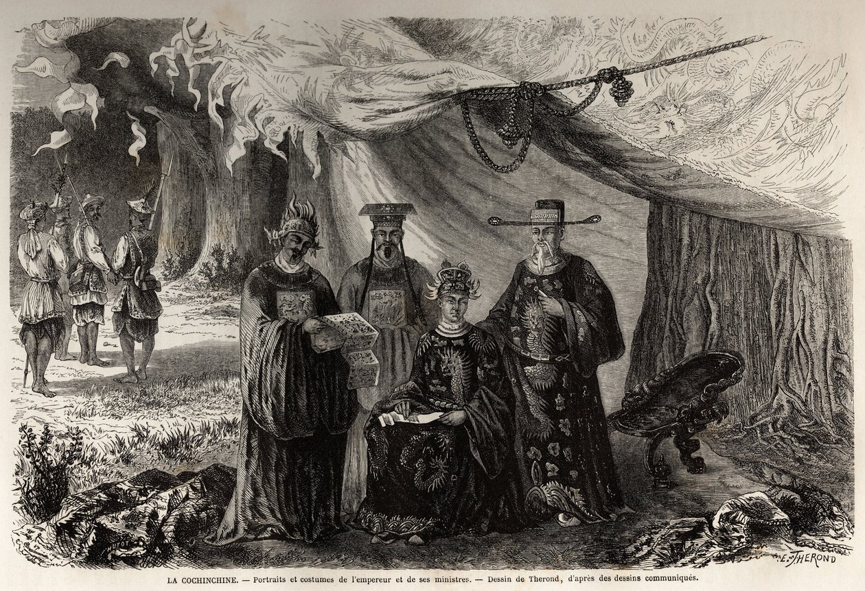 Annam császárának és minisztereinek, Cochinchine portréi és jelmezei, Therond rajza a Cochinchine-nal 1859-ben folytatott egyedi levelezés illusztrálására. Metszet a „” Le tour du monde, nouveau Journal des voyages”” Parisban alkotó: Emile Theodore Therond