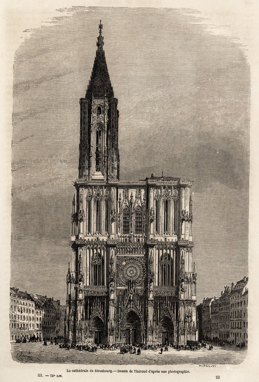 A strasbourgi székesegyház homlokzata, Therond rajza Victor Duruy Párizsból Bukarestbe tartó 1860-as utazásának illusztrálására. Metszet a „” Le tour du monde”-ban 1861. Selva gyűjteménye. alkotó: Emile Theodore Therond