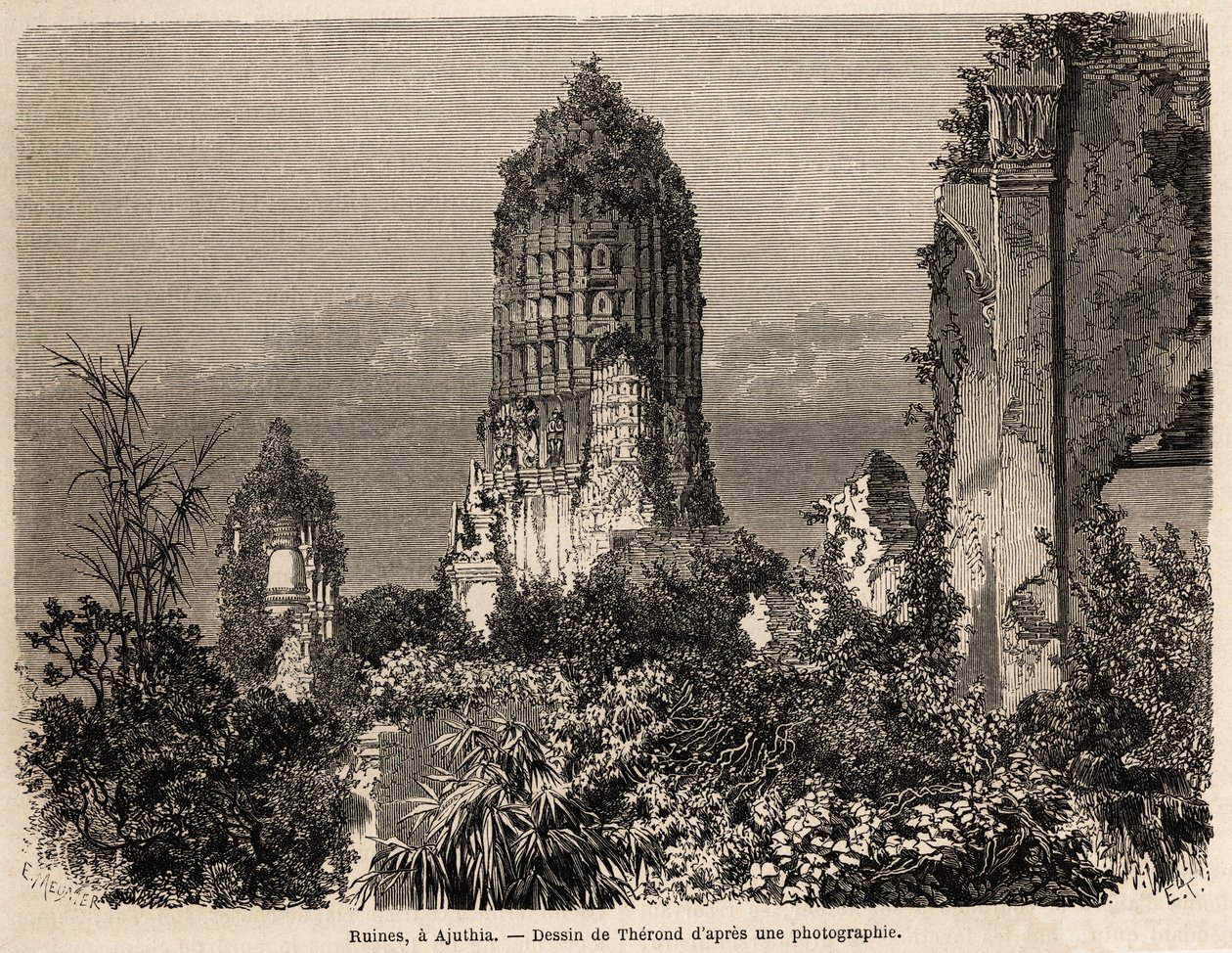 A dzsungel növényzetében, Ajuthiában (Thaiföld) készült romok, Therond rajza, hogy szemléltesse Henri Mouhot 1858-tól 1861-ig tartó utazását Sziám, Kambodzsa és Laosz királyságain keresztül. Gravírozás a „Le tour du monde”-ban, Edouard szerkesztette alkotó: Emile Theodore Therond