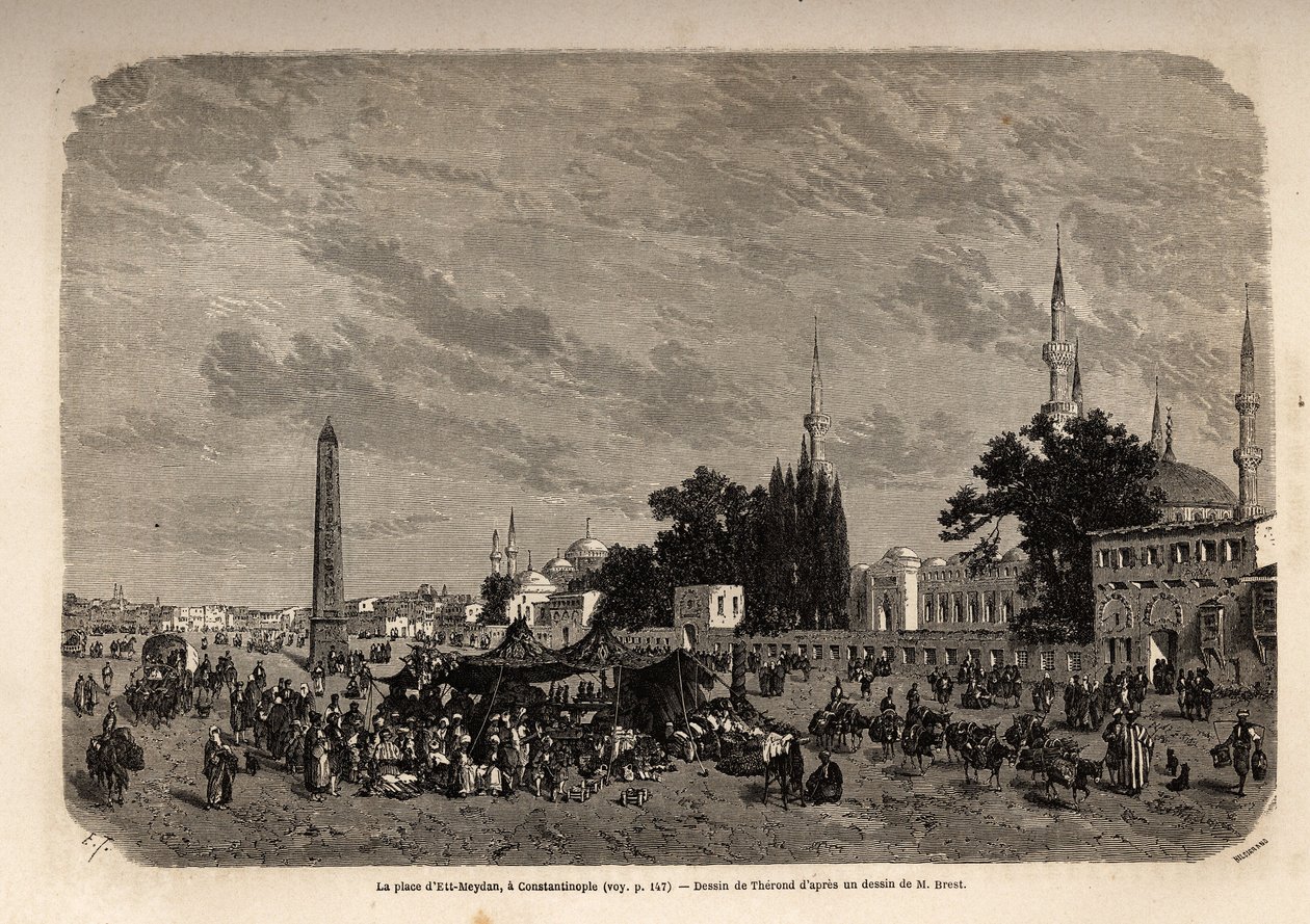 Ett Meydan tere, Konstantinápoly (a mai Isztambul, Törökország), Therond rajza F. Jeruzsálemy 1862-es török nőkről szóló tanulmányának illusztrálására. Gravírozás a „Le tour du monde”-ban, szerkesztette Edouard Charton alkotó: Emile Theodore Therond