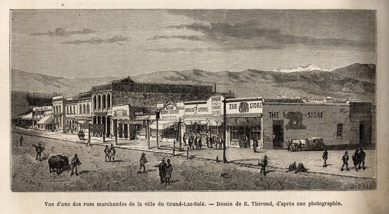 Salt Lake City (Utah, USA) egyik bevásárlóutcájának képe, E.Therond 1868-as Washingtonból San Franciscóba tartó utazását illusztráló rajza nyomán, L. Simonin alkotása, megjelent: „” Le tour du monde””” 1874, szerk alkotó: Emile Theodore Therond