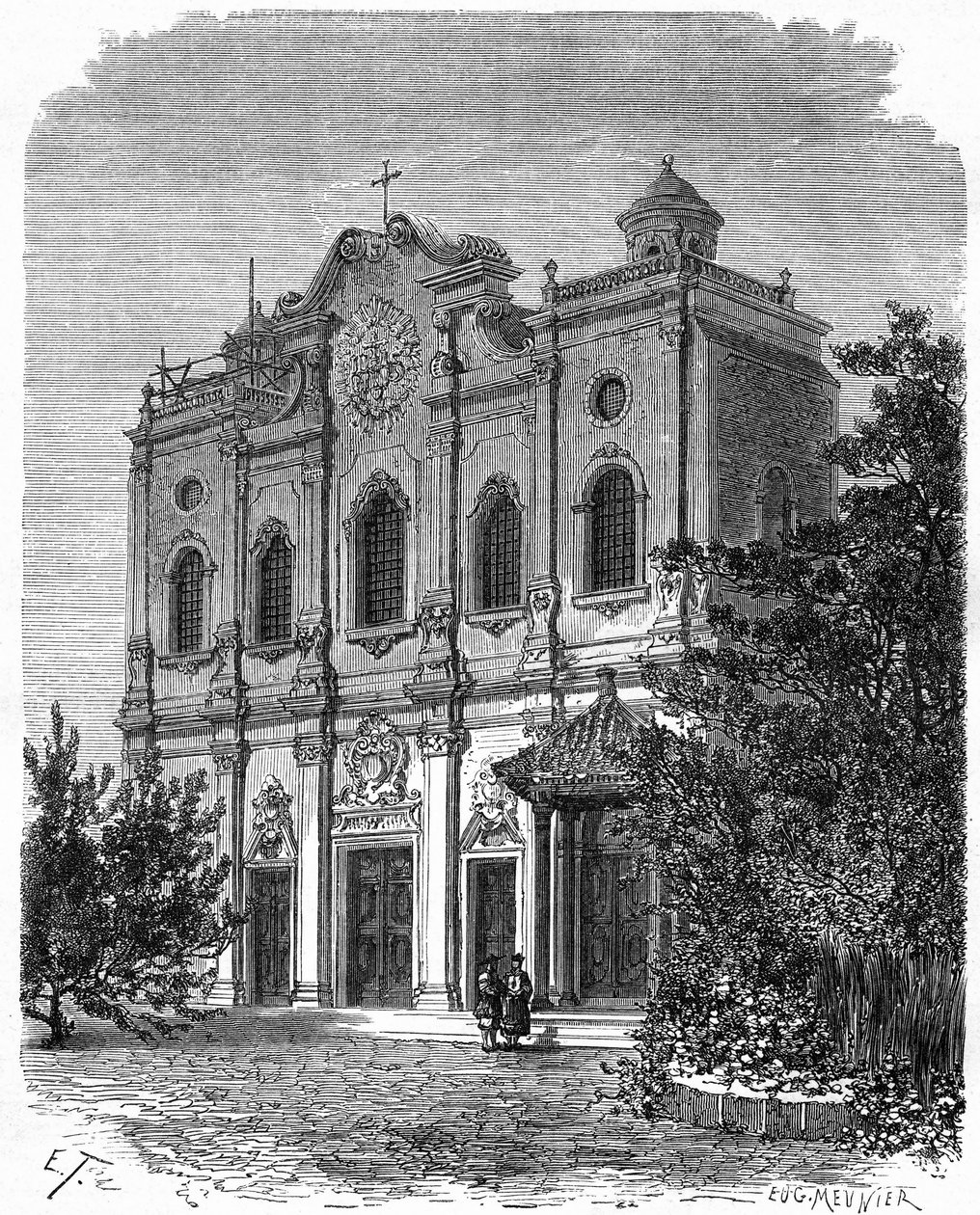 Kilátás a nantangi székesegyház homlokzatára, amely Matteo Ricci (1552-1610), a kínai katolicizmus atyja házának helyén épült. Metszet Therond rajza nyomán, a „Le Tour du Monde, Nouveau Journal des Voyages” című kiadványban, szerkesztette Edouard Chart alkotó: Emile Theodore Therond