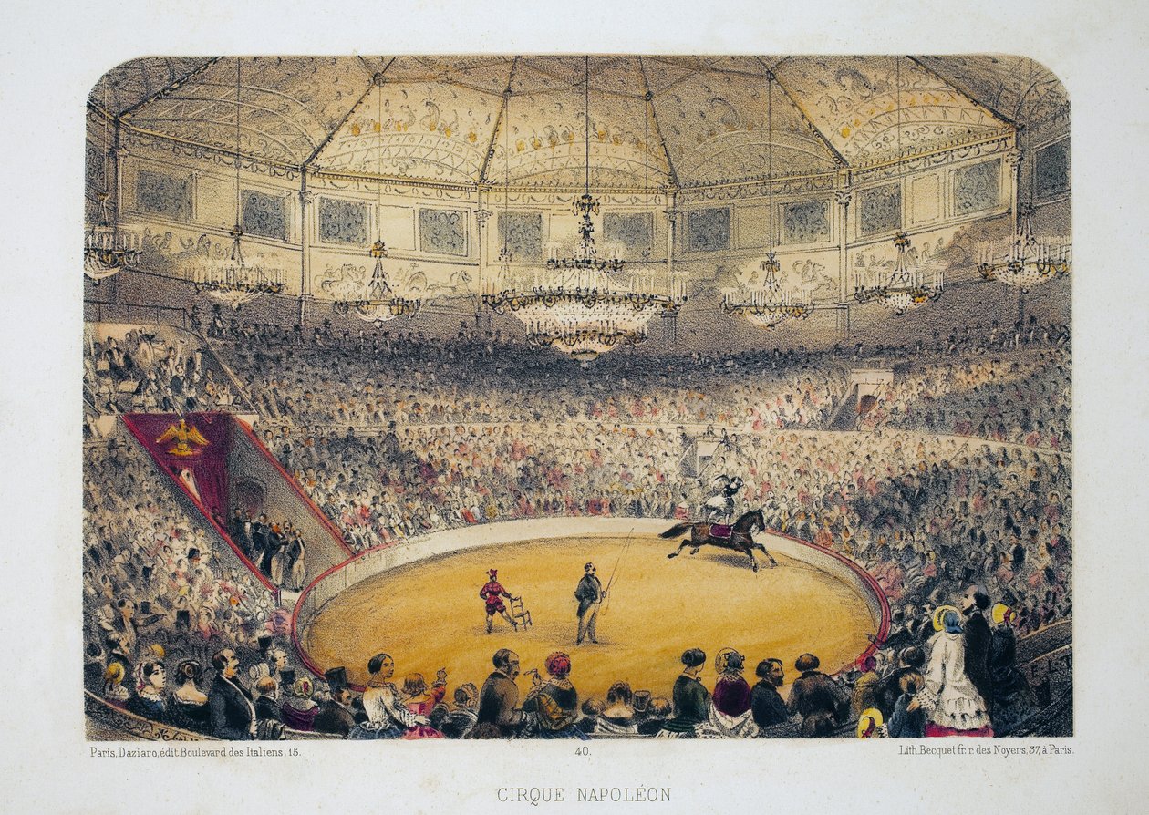Cirque Napoleon (jelenlegi téli cirkusz, rue Amelot, Párizs). Litográfiai akvarell, E.de la Tramblaiz illusztrációja, „Album, souvenirs de Paris” című könyvben, Daziaro szerkesztő, Párizs alkotó: Emile de la Tramblais