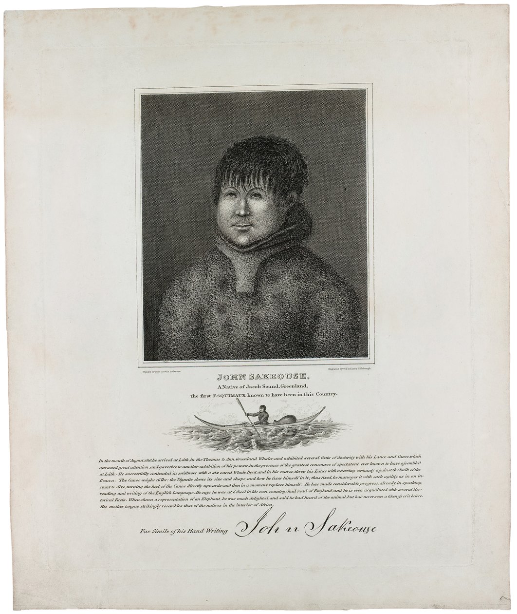 John Sakeouse, a grönlandi Jacob Sound szülötte, az első Esquimaux, akiről ismert, hogy ezen az országban 1816-ban alkotó: Emilia Anderson