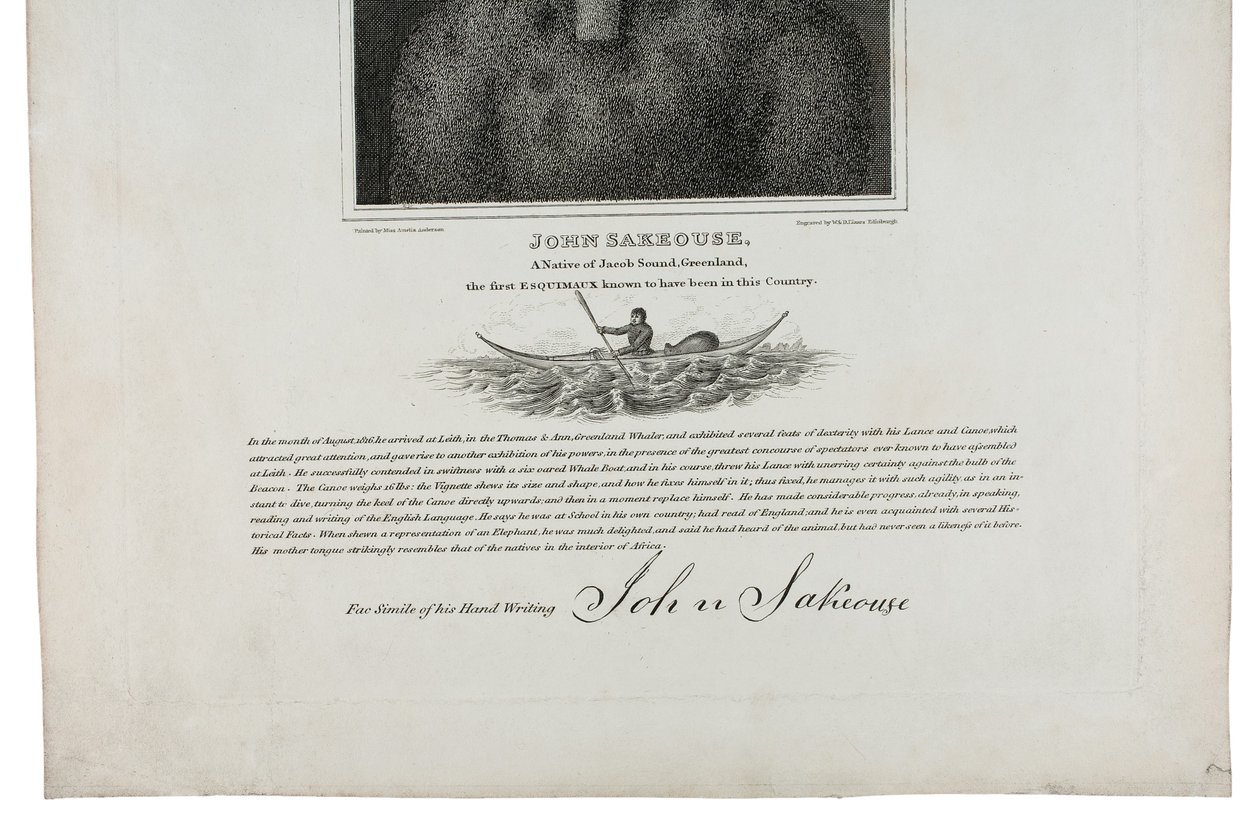 John Sakeouse, a grönlandi Jacob Sound szülötte, az első Esquimaux, akiről ismert, hogy ezen az országban 1816-ban alkotó: Emilia Anderson