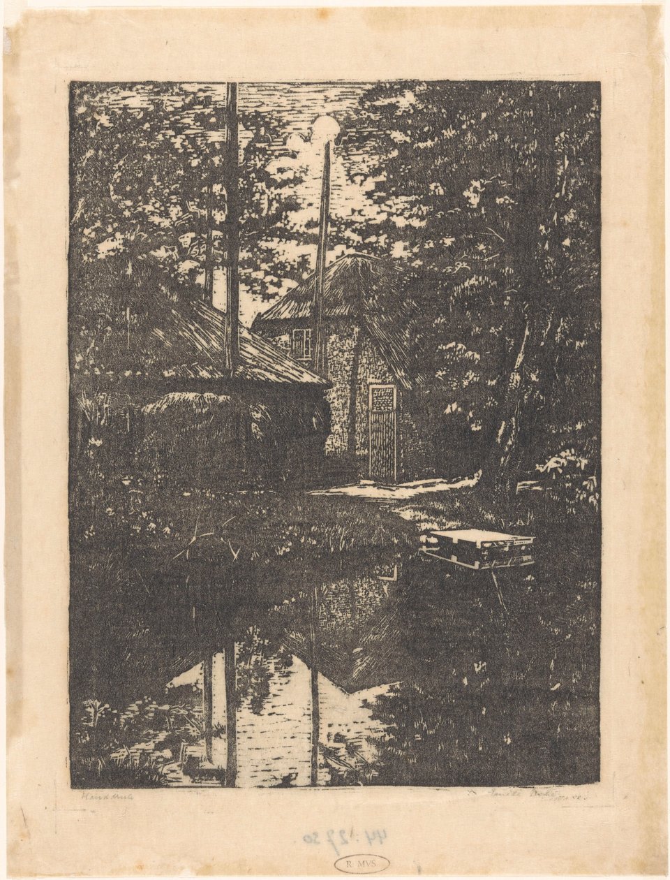 Farm és szénapajta a vízen alkotó: Emilius Wilhelmus Dehé (signed by artist)