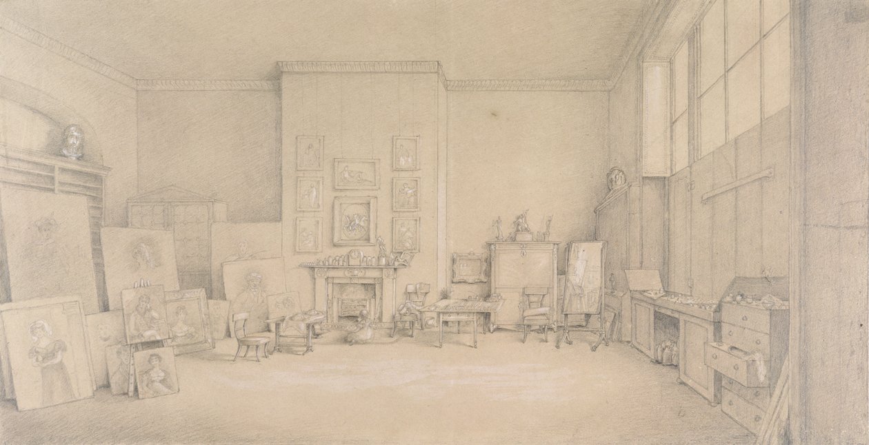 Sir Thomas Lawrence Stúdiója; 65 Russell Square, London, 1824 (ceruza, fehér árnyalatokkal kiemelve, csiszolt papíron) alkotó: Emily Calmady