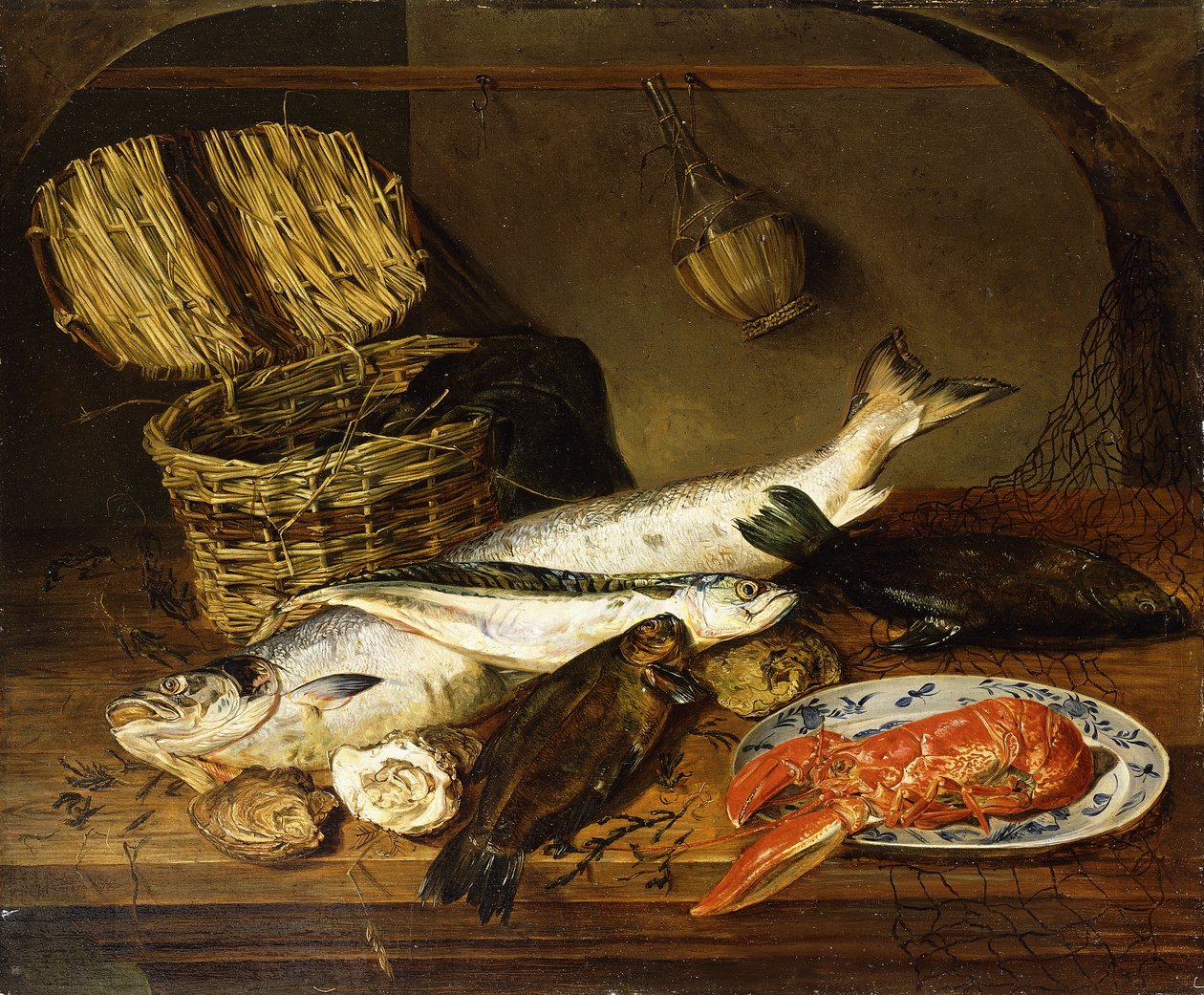 Lazac, makréla, homár tányéron, fonott kosár, osztriga, Chianti-palack és halászháló egy fából készült asztalon, 1854 alkotó: Emily Stannard