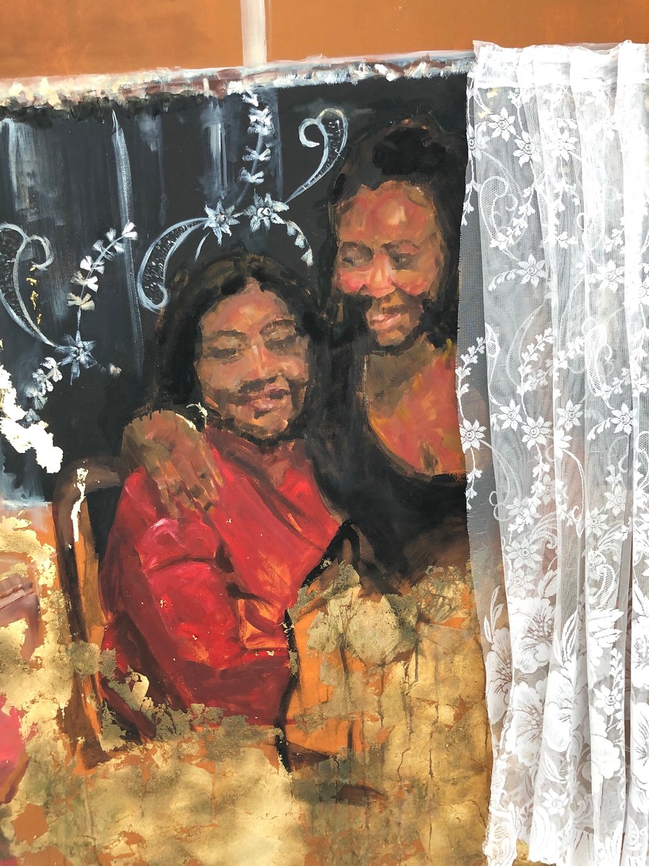 Matrilineality, 2019, olaj, akril, szövet, nyomat és arany levélutánzat, vászon alkotó: Emma Prempeh