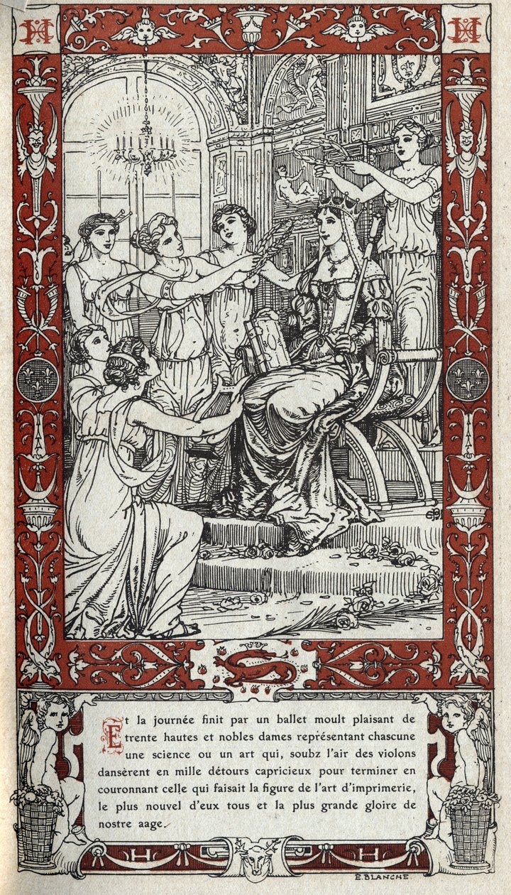 Balett a fontainebleau-i kastélyban, melynek során II. Henrik király (1519-1559) udvarának hölgyei egy-egy tudományt vagy művészetet képviselnek. Emmanuel Blanche (1880-1946) 1914-es metszete.DR Magángyűjtemény. alkotó: Emmanuel Blanche
