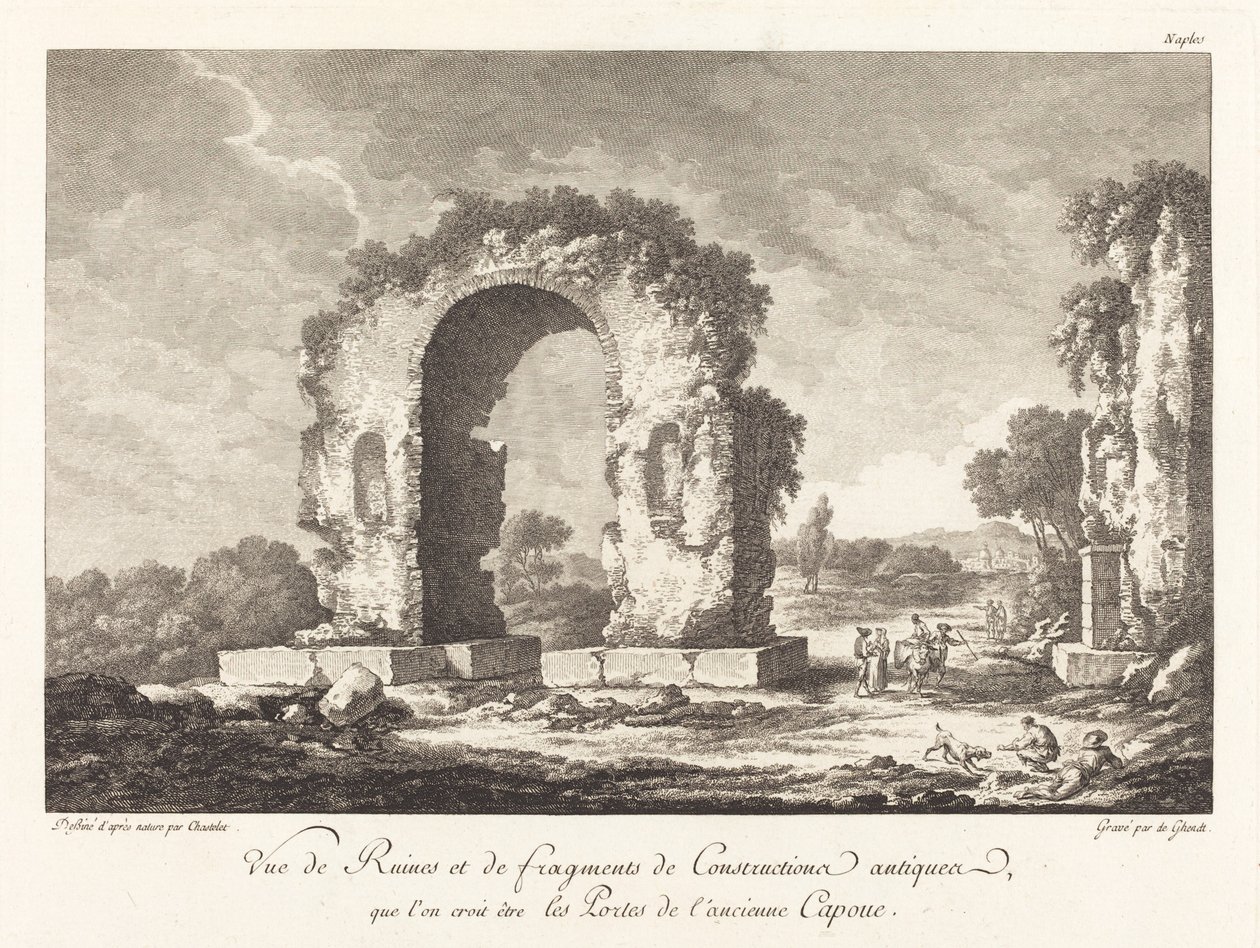Kilátás az ókori építkezés romjaira és töredékeire... az ókori Capua alkotó: Emmanuel Jean Nepomucène de Ghendt after Claude Louis Châtelet