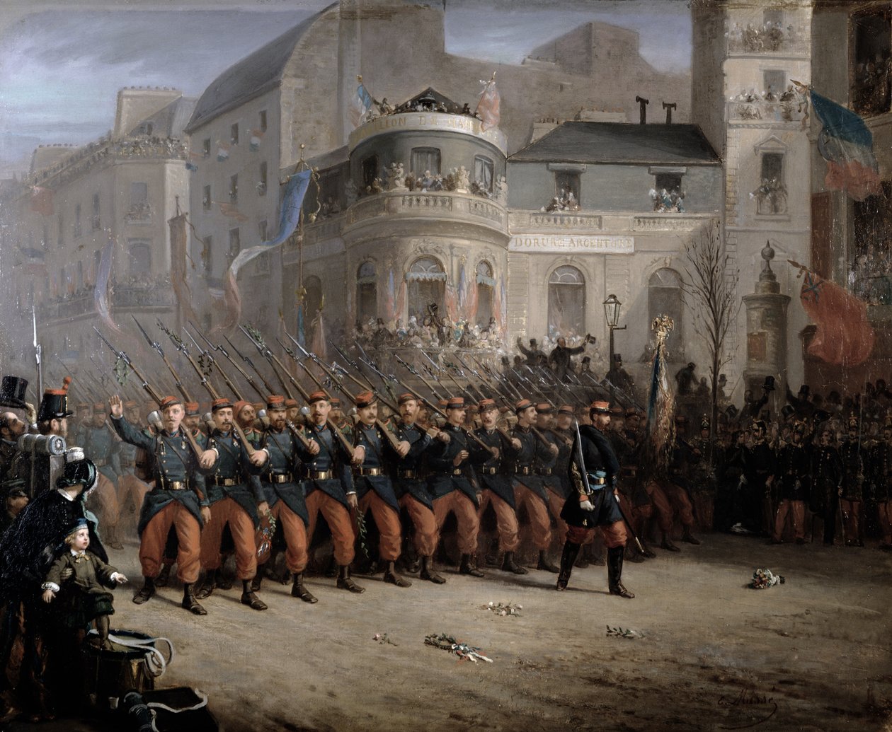 A csapatok visszatérése Párizsba a Krímből, Boulevard des Italiens, a Hannoveri pavilon előtt, 1855. december alkotó: Emmanuel Masse